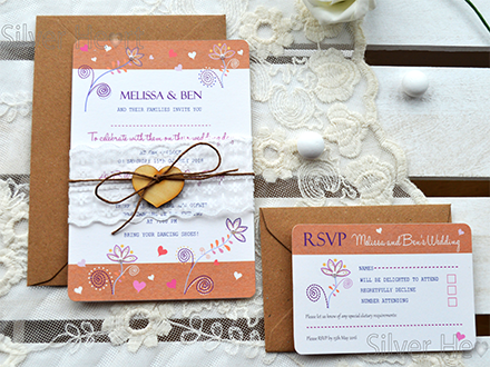 Melissa Wedding invitation with lace and twine tie with wooden heart